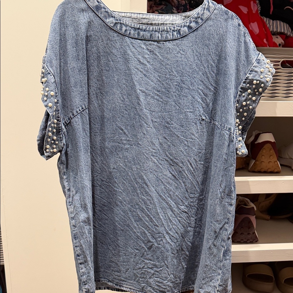 Pearl-Trim Light Blue Denim Blouse